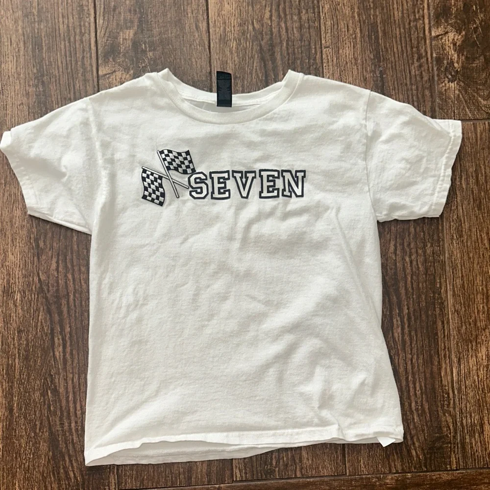 Seven Kids Birthday Shirt White Graphic Tee Racing Flags 7 Party